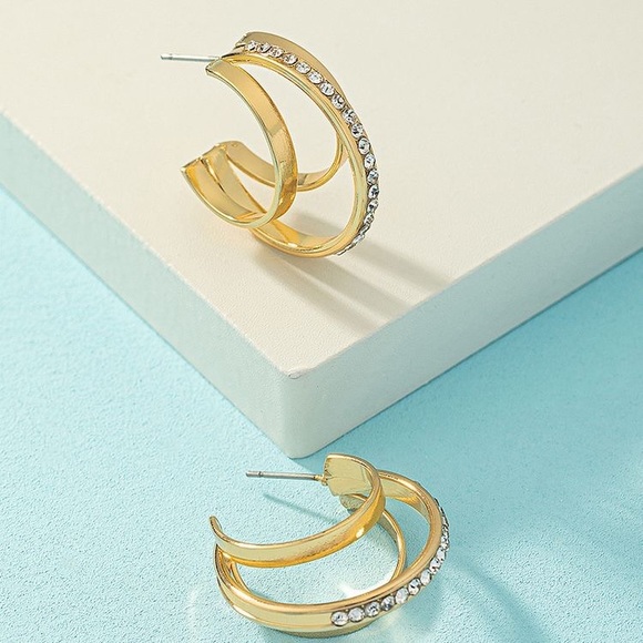 C Shaped, Rhinestone Studded, 3 tier gold hoop earrings - Picture 2 of 6